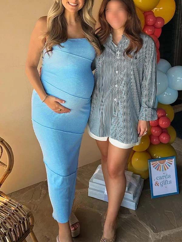 Momyknows Blue Bandeau Lines Bodycon Cute Elegant Gender Reveal Baby Shower Maternity Maxi Dress