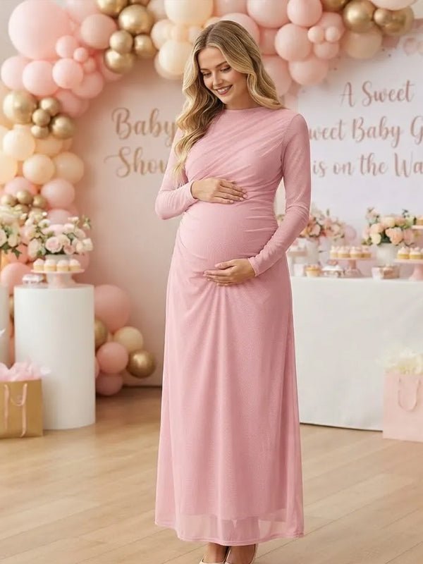 Momyknows Ruched Sheer Grenadine Bodycon Maternity Baby Shower Maxi Dress - Pink - 5