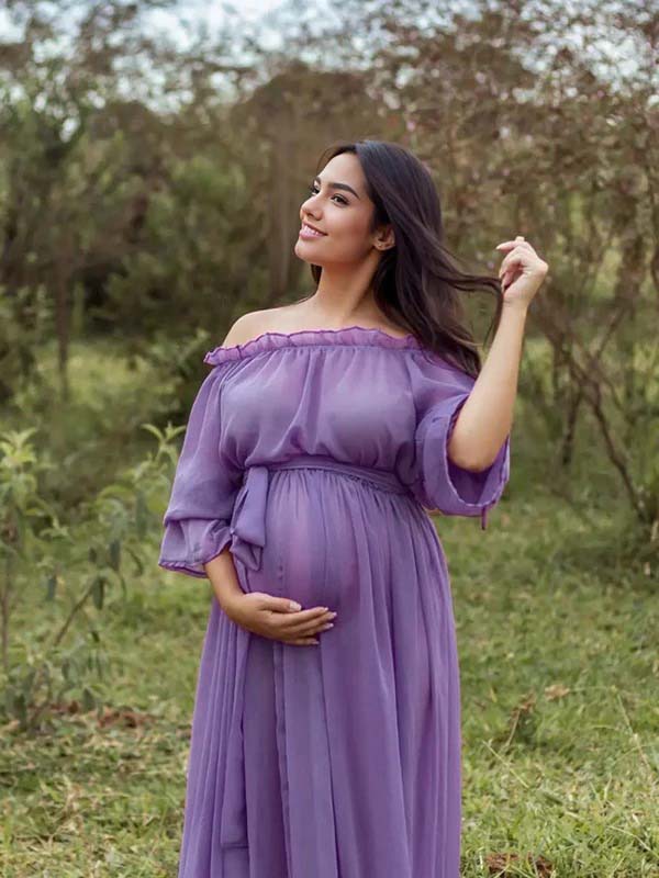 Momyknows Purple Chiffon Flowy Off Shoulder Belt Ruffle Falbala Big Swing Boho Beach Vacation Maternity Photoshoot Baby Shower Maxi Dress