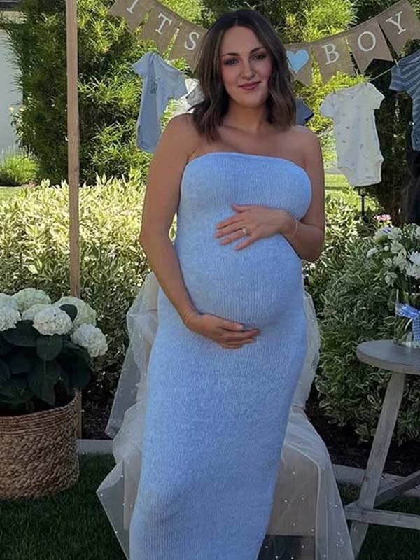 Blue Knitted Bandeau Strapless Maternity Baby Shower Maxi Dress