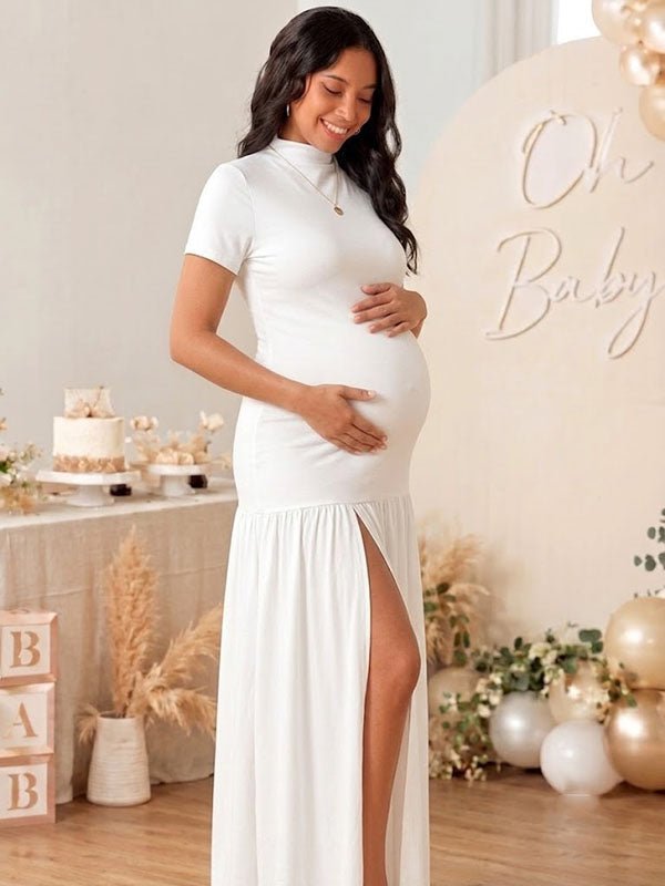Momyknows Chic White Bodycon Side Slit Ruched Baby Shower Maternity Maxi Dress - White - 3
