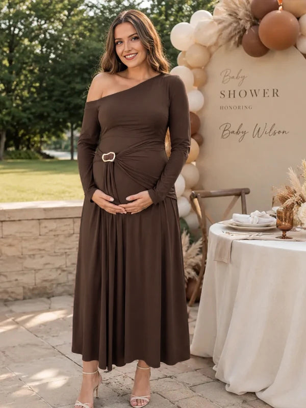 Brown Oblique Shoulder Ruched Baby Shower Maternity Maxi Dress
