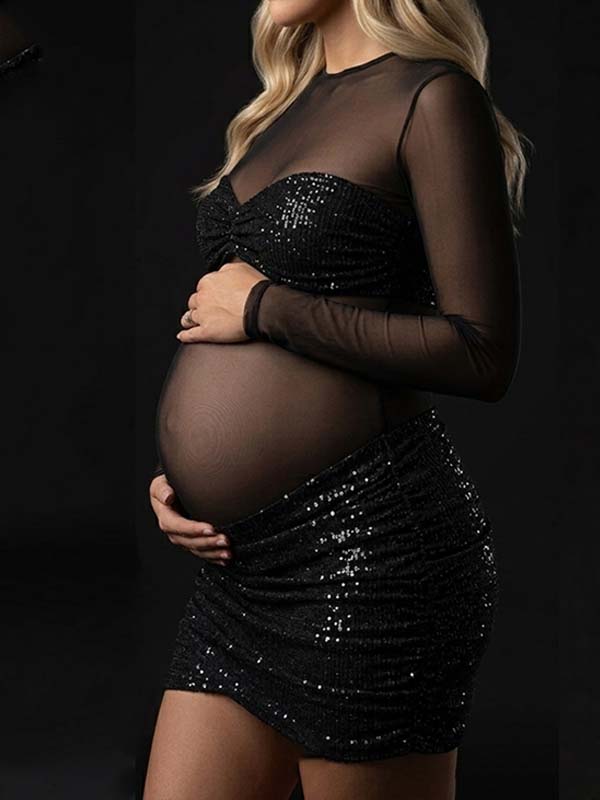Momyknows Black Sheer Grenadine Hotfix Rhinestones Midriff Maternity Photoshoot Mini Dress - Black - 2