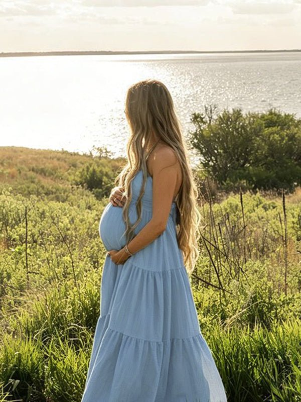 Momyknows Boho Blue Backless Tie Back Bowknot Halter Neck Flowy Photoshoot Western Maternity Maxi Dress - Blue - 2