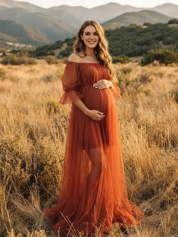 Red Off-the-Shoulder Maternity Dress with Double-Layered Grenadine Fabric and Flowy Silhouette, Photoshoot