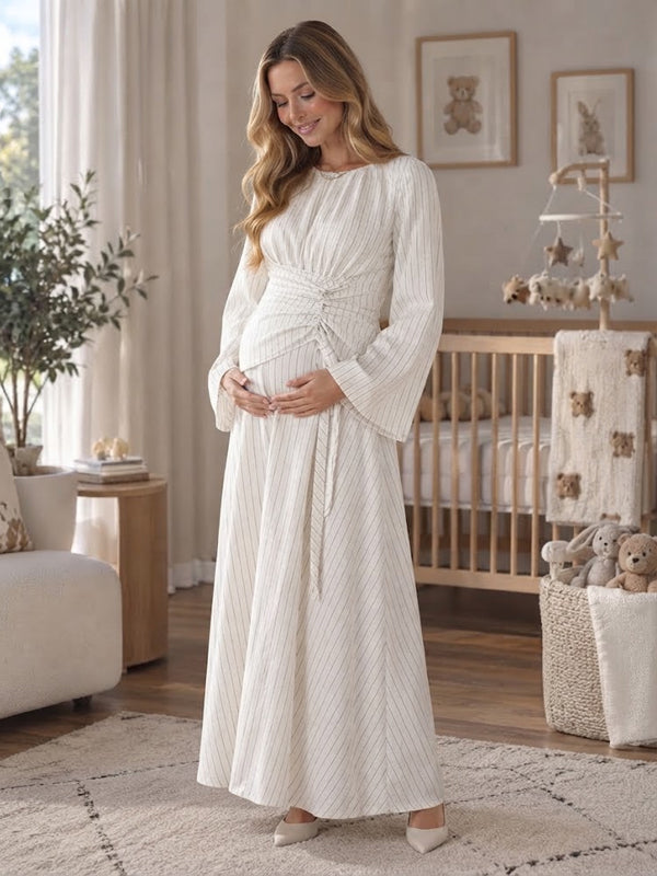 White Smocked Striped Maternity Maxi Dress with Gathering Detail and Big Swing Silhouette, Photoshoot Occasion