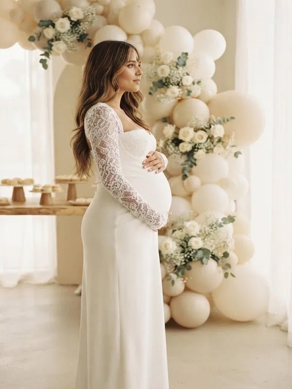 Momyknows White Lace Side Slit Spliced Lace Up Maternity Baby Shower Maxi Dress - White - 3