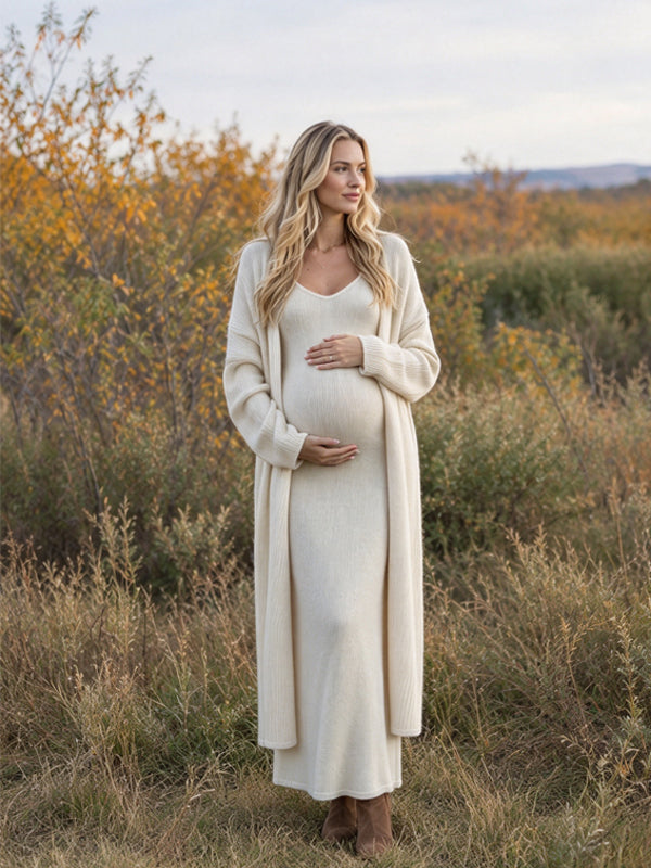 White Crochet Sweater Cardigan Two Piece Maternity Maxi Dress with Coordinated Fit, Photoshoot Occasion