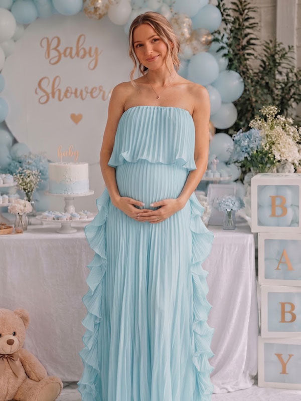 Momyknows Elegant Light Blue Falbala Pleated Flowy Bandeau Baby Shower Maternity Maxi Dress