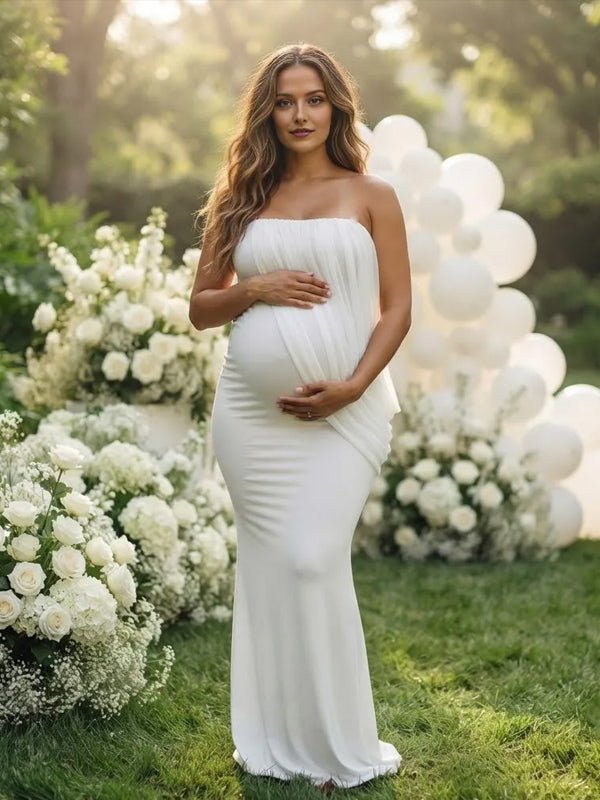 Momyknows Ruched Grenadine Irregular Bodycon Maternity Baby Shower Maxi Dress - White - 1