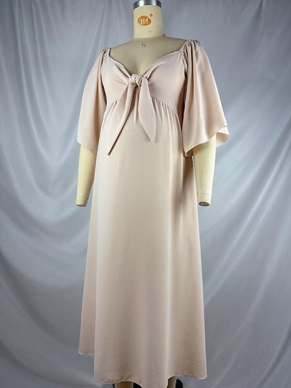 Momyknows Beige Bow Flutter Sleeve Plus Photoshoot Maternity Maxi Dress, Beige / XL