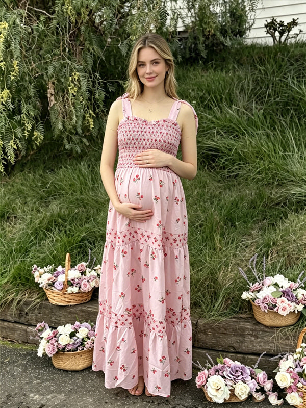 Momyknows Pink Prin Spaghetti Straps Square Neck Daily Maternity Photoshoot Midi Dress