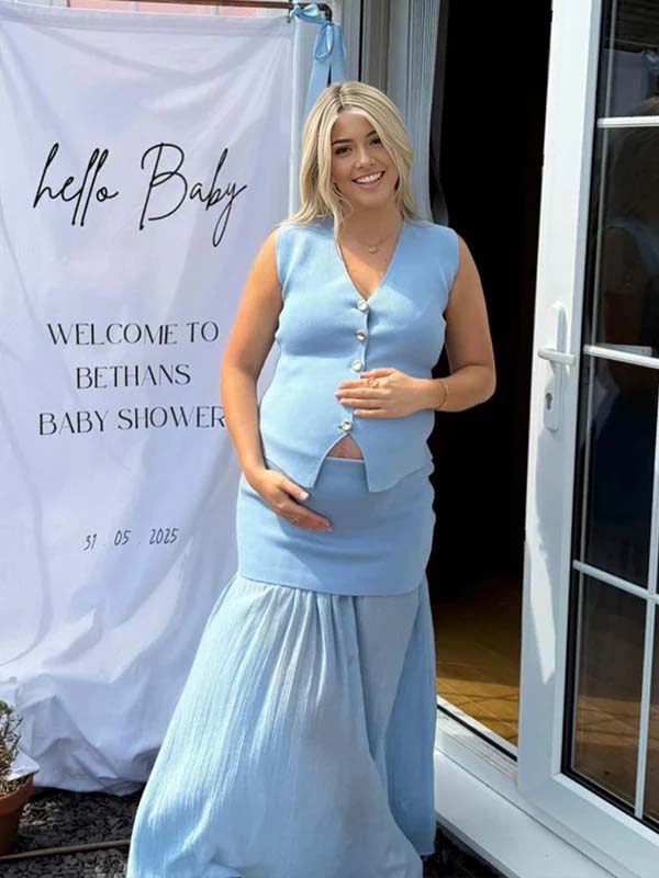 Blue Buttons Grenadine Two Piece Maternity Baby Shower Maxi Dress