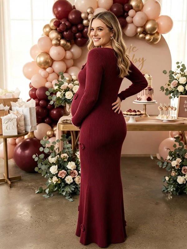 Momyknows V-neck Long Sleeve 3D Flower Crochet Babyshower Maternity Midi Dress - Red - 4