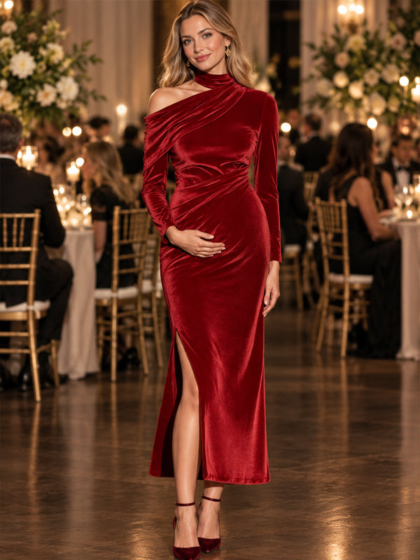 Red Maternity Maxi Dress with Oblique Shoulder and Ruched Details and Side Slit and Flattering Fit, Photoshoot Occasion