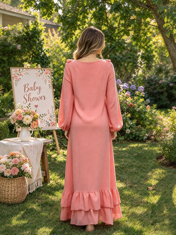 Pink Bohemian Maternity Maxi Dress with Ruffle V Neck and Flowing Fit