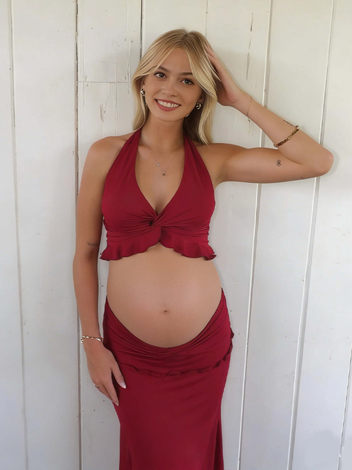 Momyknows Halter Neck Falbala Spaghetti Strap Two Piece Photoshoot Maternity Maxi Dress