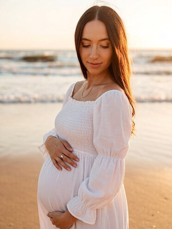 Momyknows White Ruffle Ruched High Waist Puff Sleeve Cute Photoshoot Maternity Maxi Dress, White / S