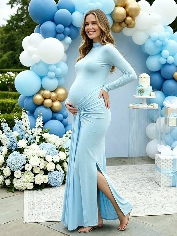 Momyknows Round Neck Long Sleeve Knot Ruffle lace-up Bodycon Maternity Baby Shower Maxi Dress - Blue - 2