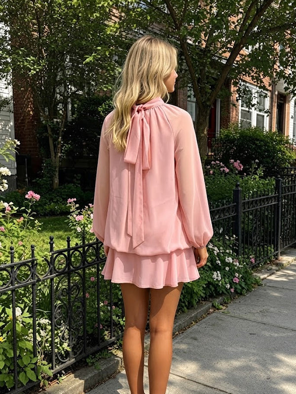Pink Maternity Mini Dress with Sheer Ruffle Detail and Lace Up Style