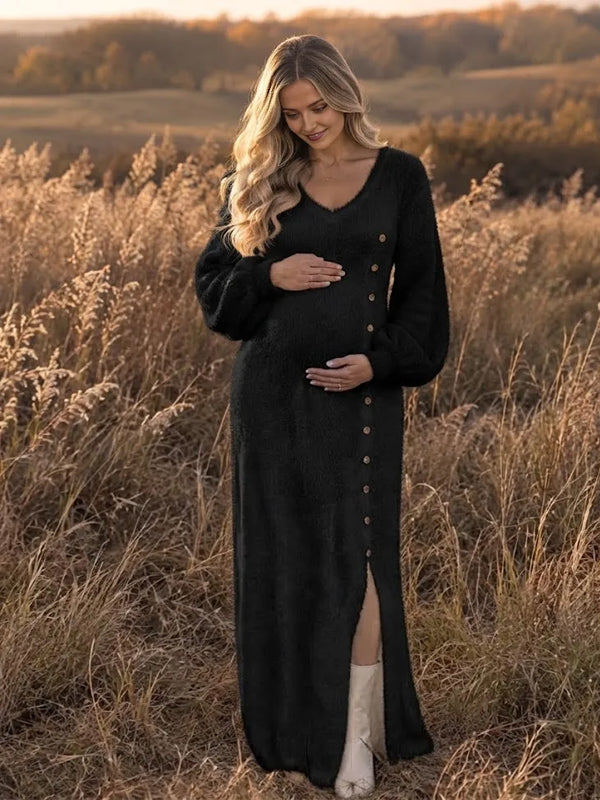 Black Sweater Maternity Maxi Dress with V Neck and Button Detail and Side Slit and Elegant Fit, Photoshoot Style