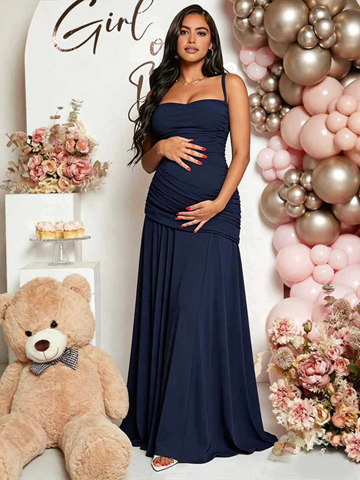 Momyknows Ruffle Backless Tie Back Baby Shower Maternity Maxi Dress Momyknows Ruffle Backless Tie Back Baby Shower Maternity Maxi Dress
