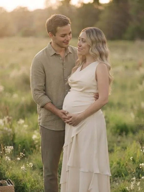 Momyknows Apricot Ruffle Sleeveless Boho Irregular Maternity Photoshoot Maxi Dress - Apricot - 2