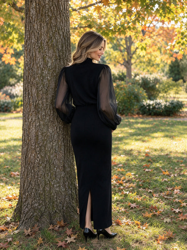 Black Sheer Maternity Maxi Dress with Puff Sleeves and Ruched Bodice