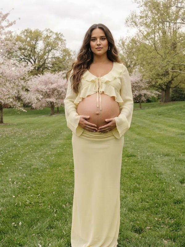 Momyknows Ruffle Lace Up Two Piece Maternity Photoshoot Maxi Dress - Yellow - 4