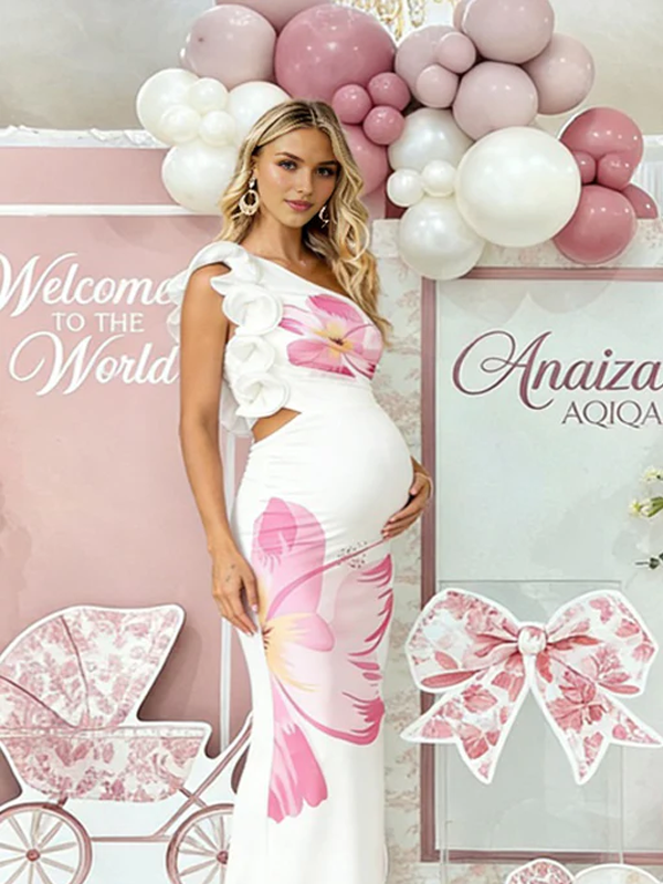 Momyknows Oblique Shoulder Print Grenadine Maternity Baby Shower Maxi Dress