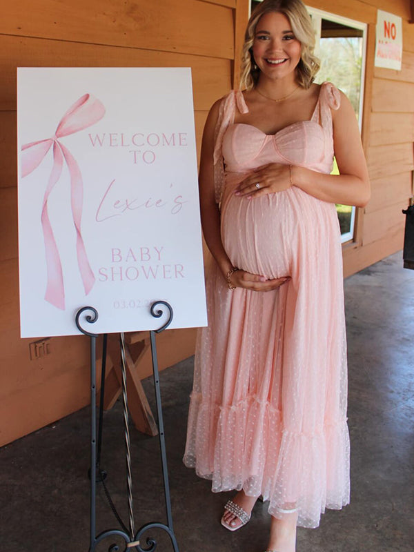 Momyknows Light Pink Polka Dot Bow Ruffle Falbala Tie-Shoulder A-line Tulle Princess Dress Maxi Dress