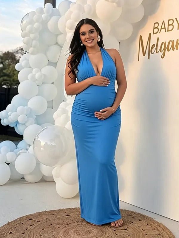 Momyknows Pink Halter Neck Backless Ruched Lace Up Maternity Baby Shower Maxi Dress, Blue / L