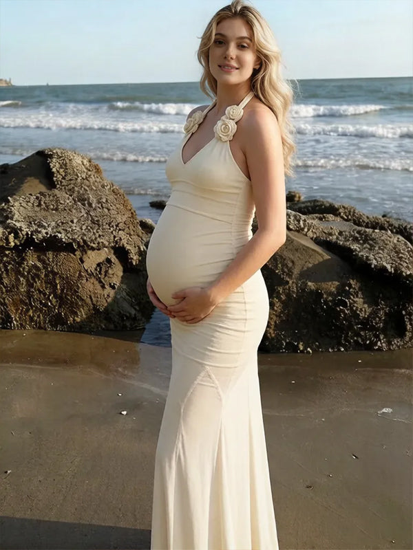 Momyknows Beige U-neck Halter Neck 3D Flower Maternity  Photoshoot Maxi Dress