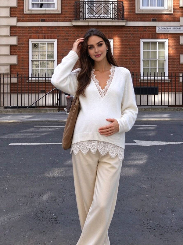White Maternity Pullover Sweater with Lace Splicing Details and Elegant Silhouette