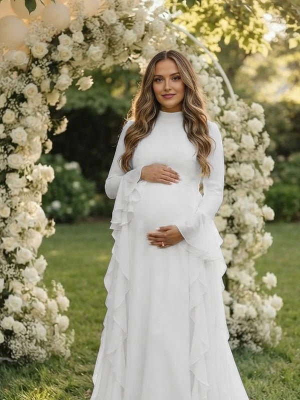 Momyknows White Ruffle Flare Sleeve Big Swing Sheer Maternity Baby Shower Maxi Dress - White - 1