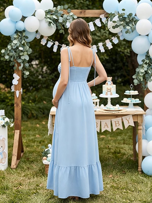 Momyknows Spaghetti Strap Backless Falbala Baby Shower Maternity Midi Dress - Blue - 5