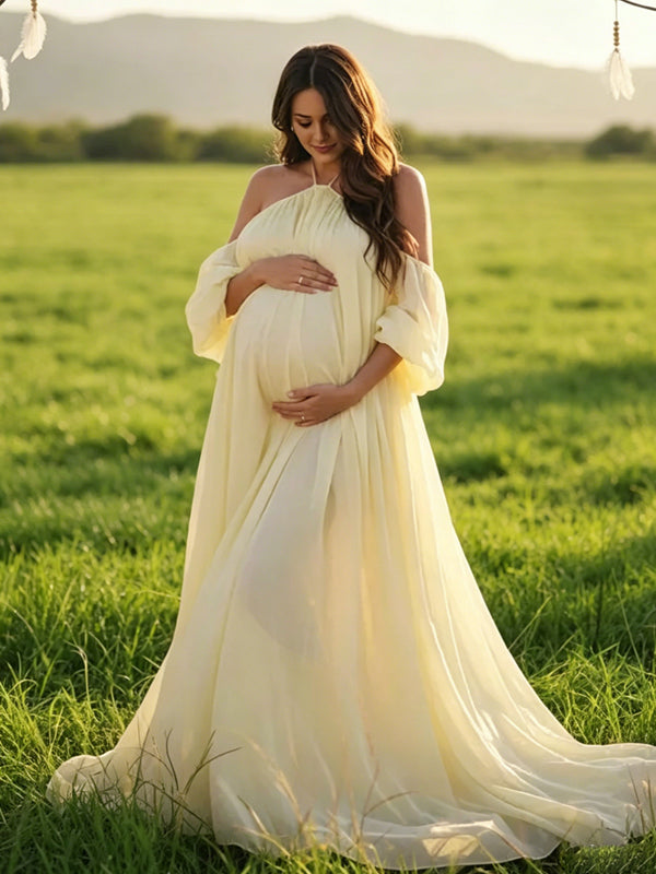 Momyknows Yellow Mesh Off Shoulder Backless Cami Big Swing Boho Maternity Maxi Dress