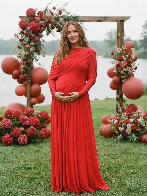 Momyknows Red Off Shoulder Ruched Cape Backless Big Swing Maternity Baby Shower Maxi Dress - Red - 1