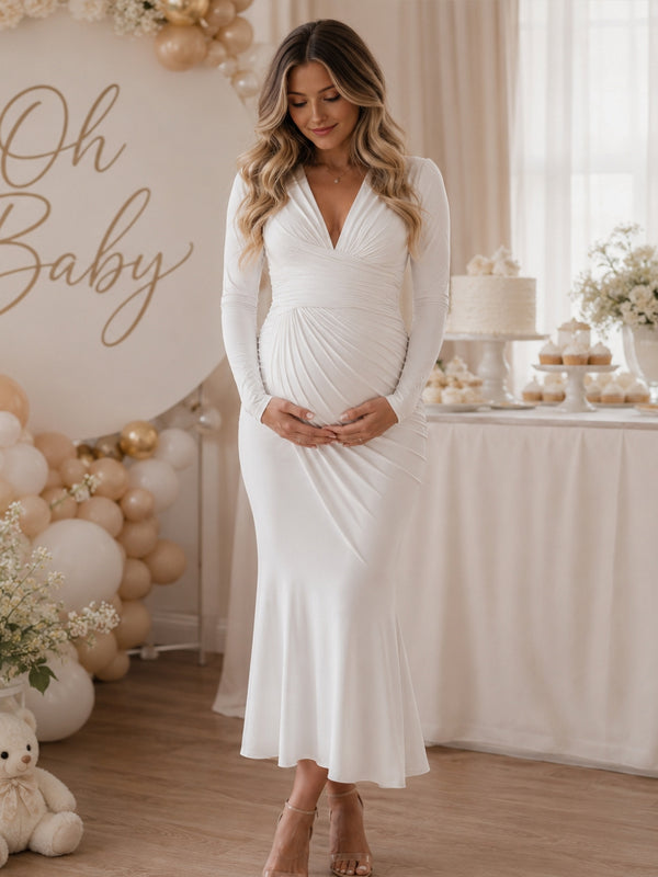 White Deep V Maternity Midi Dress with Ruched Detail and Irregular Hem and Elegant Silhouette, Baby Shower Occasion