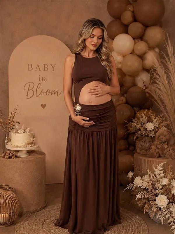 Momyknows Brown Ruffle Side Slit Midriff Irregular Maternity Baby Shower Maxi Dress - Brown - 1