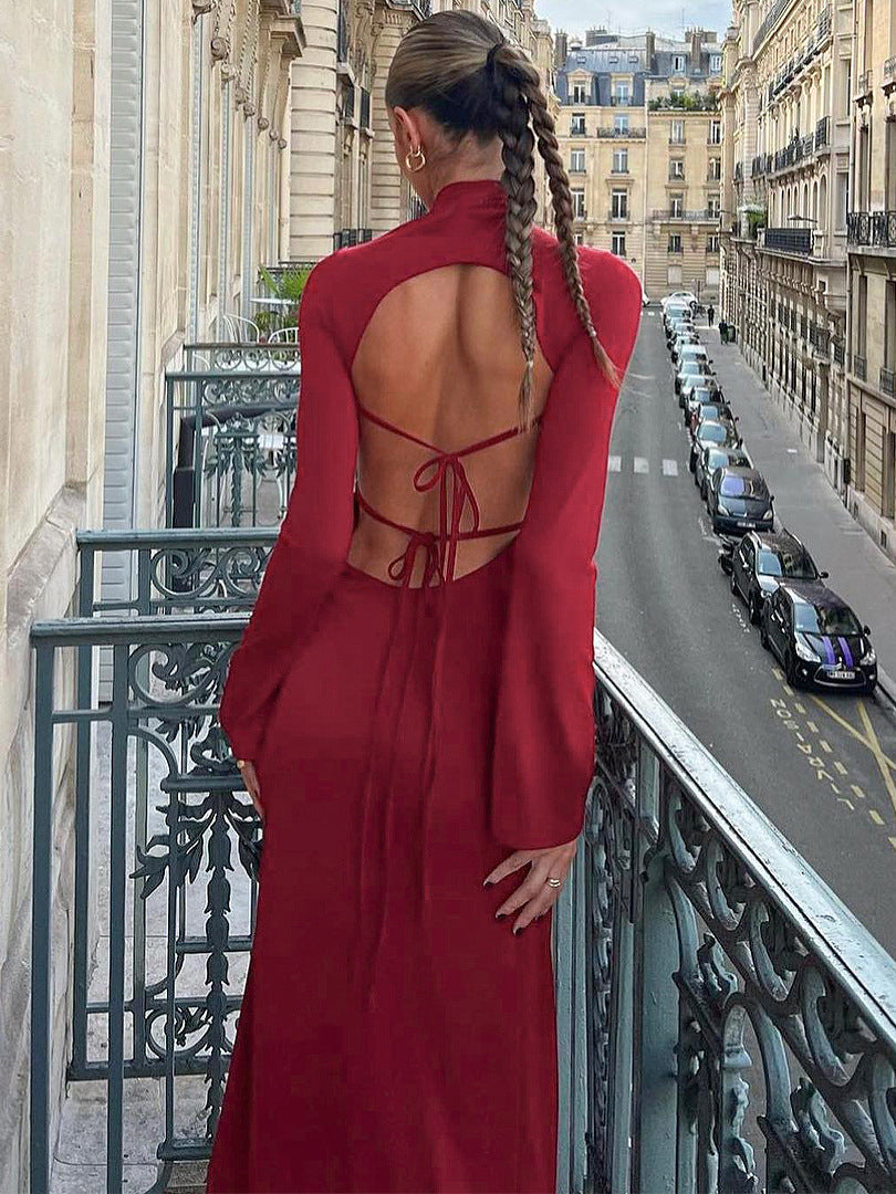 Momyknows Wine Red Backless Lace-up Bowknot Flare Sleeve High Neck Maternity Maxi Dress