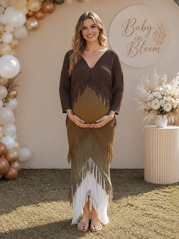Brown Elegant Tassel Spliced Baby Shower Maternity Maxi Dress