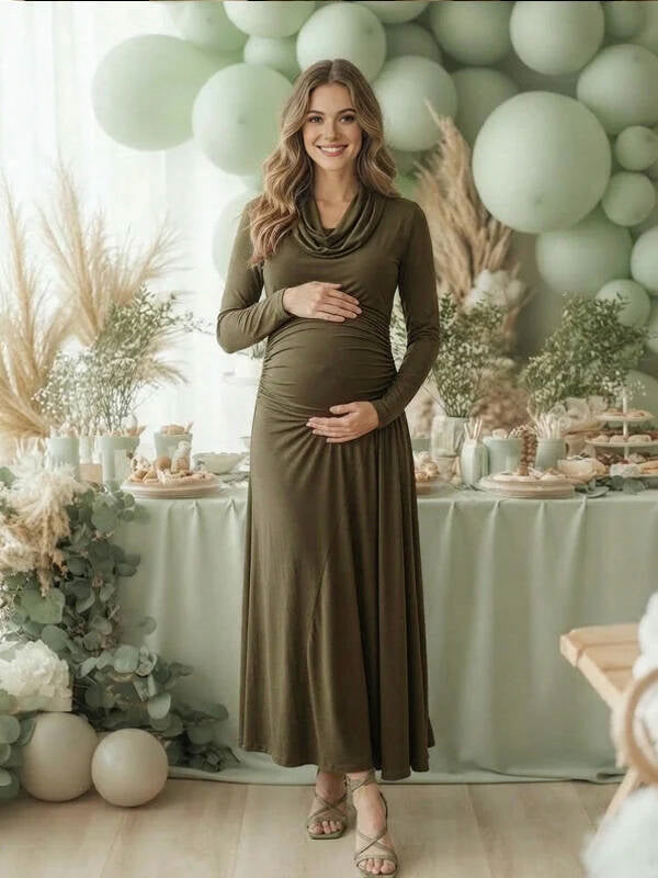 Momyknows Olive Long Sleeve Ruffle Halter Neck Babyshower Maternity Maxi Dress