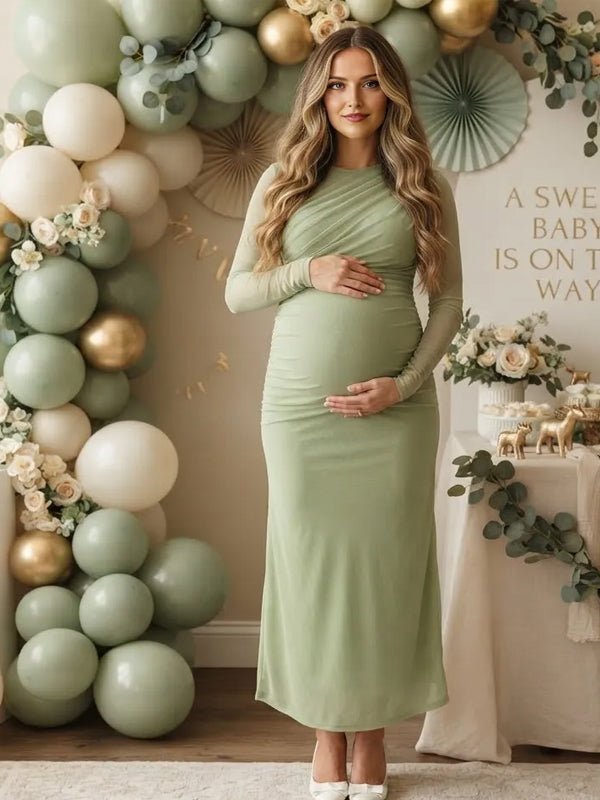 Momyknows Ruched Sheer Grenadine Bodycon Maternity Baby Shower Maxi Dress - Green - 8