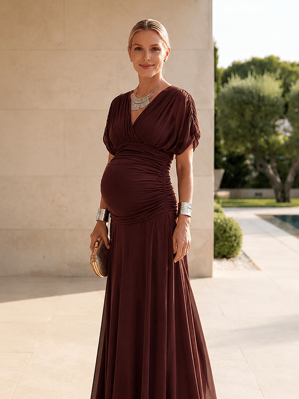 Momyknows Chic Grenadine Ruched Off Shoulder Flowy Baby Shower Maternity Maxi Dress
