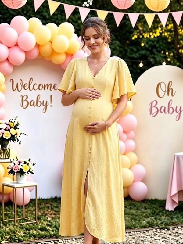 Momyknows Single Breasted Side Slit Solid Color Maternity Baby Shower Midi Dress