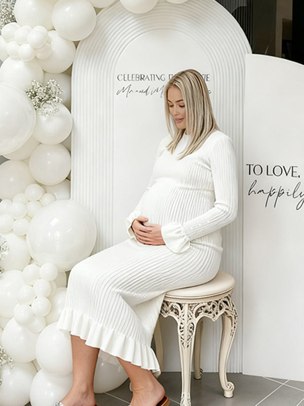 Momyknows White Crochet Flutter Sleeve Trumpet Maternity Baby Shower Sweater Maxi Dress