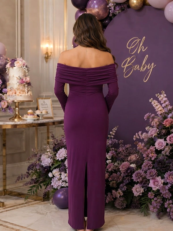 Purple Maternity Maxi Dress with Off Shoulder Style and Back Split Detail