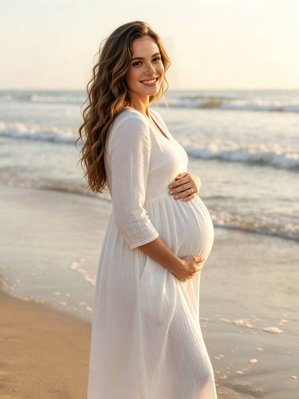 White Long V-Neck Maternity Dress with Three-Quarter Sleeves and Pockets