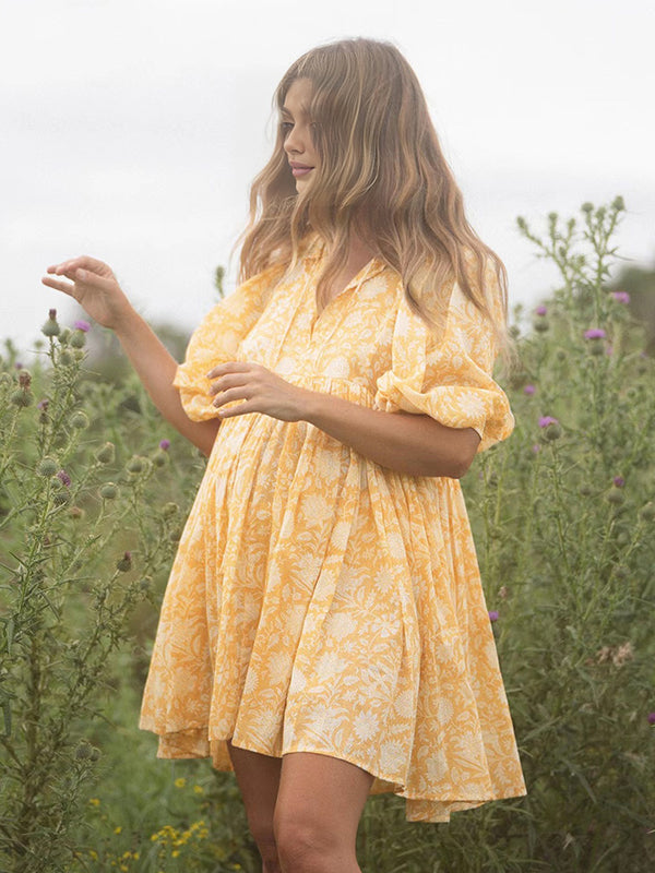 Momyknows Floral Ruffle Tie-Up Lantern Sleeve Boho Maternity Mini Dress